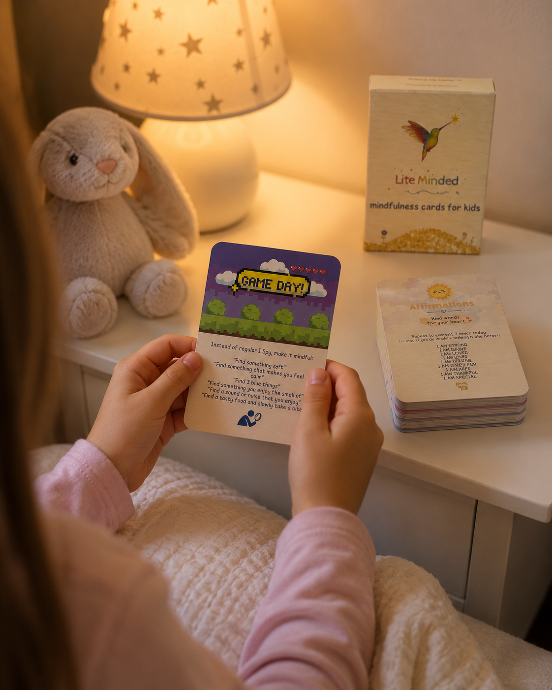 Child holding a Game Day mindfulness card at bedtime beside a night lamp and a stuffed bunny.