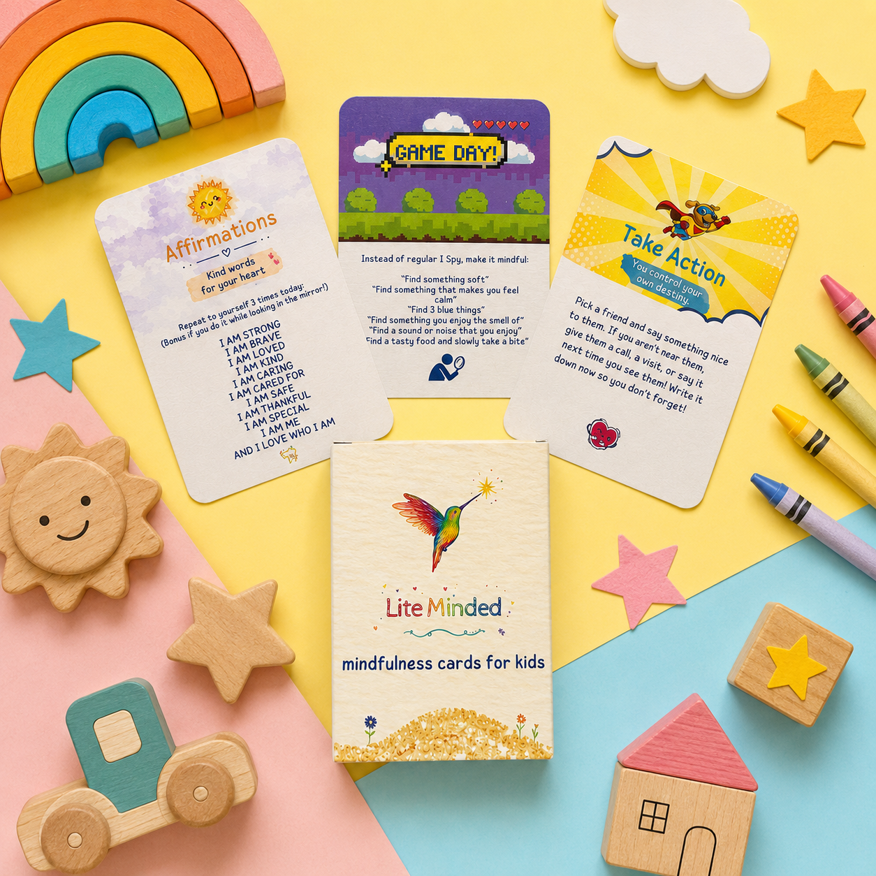 Mindfulness Cards for Kids deck and cards laid out with wooden toys, crayons, and a rainbow.