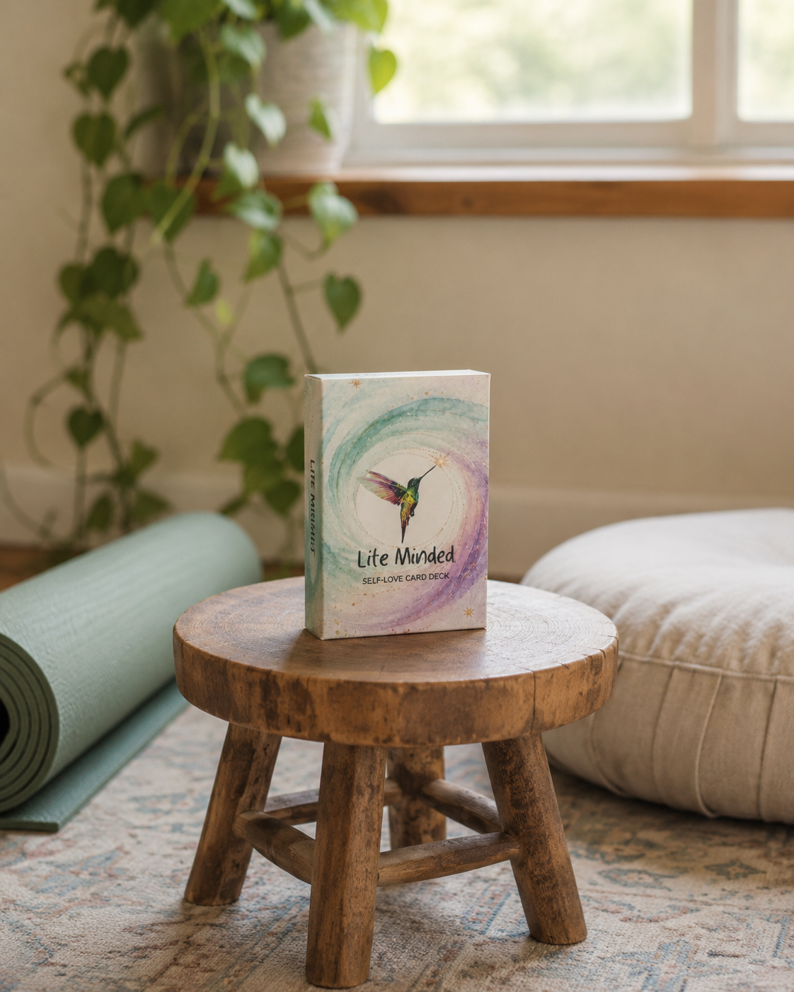 Self-Love affirmation card deck on a wooden stool in a calm meditation corner