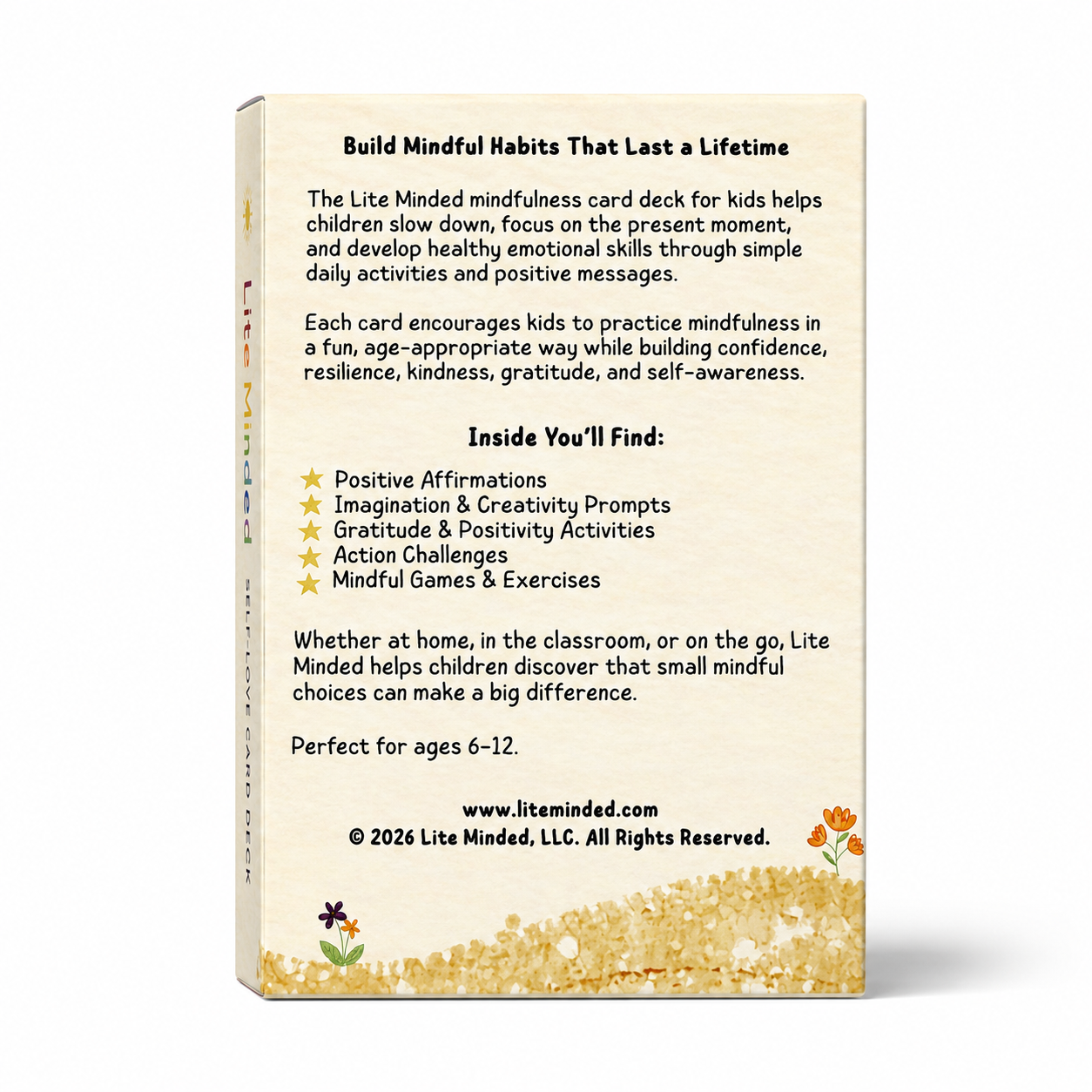 Back of the Mindfulness Cards for Kids box listing affirmations, imagination prompts, and mindful games for ages 6-12