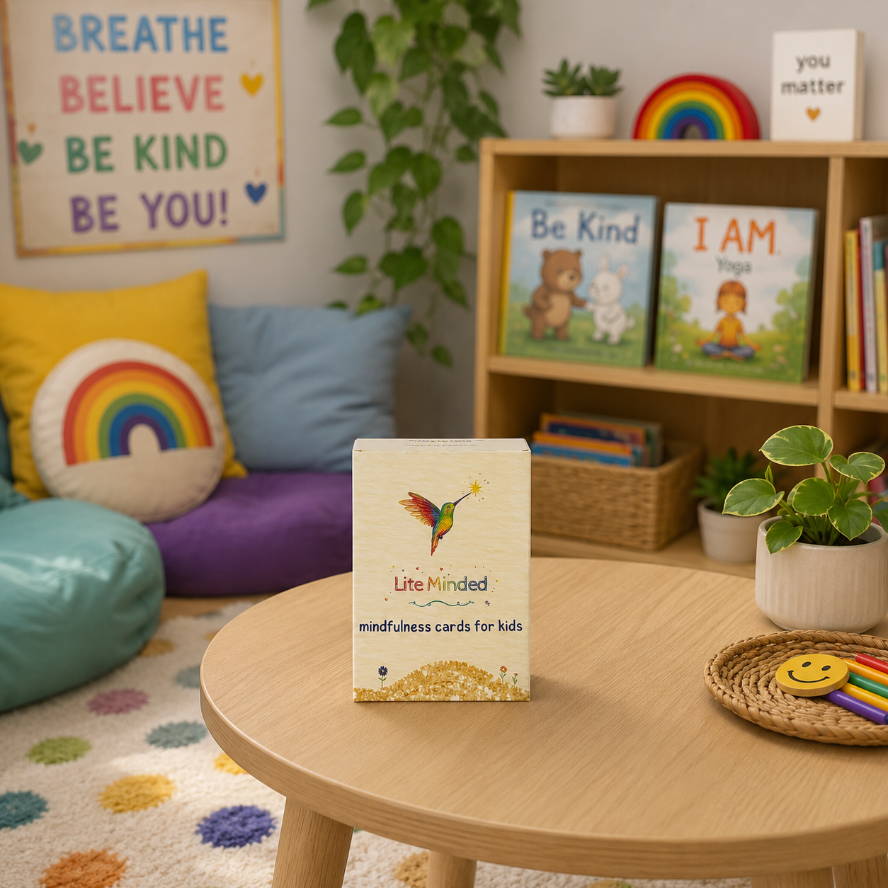 Mindfulness Cards for Kids box in a classroom calm corner with a "Be Kind" poster and cushions/