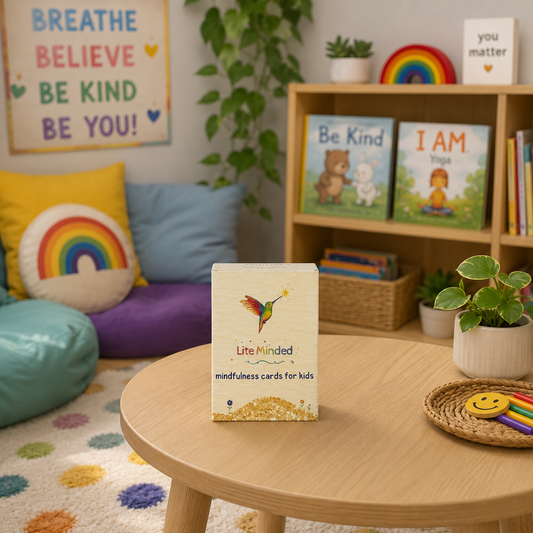 Mindfulness Cards for Kids box in a classroom calm corner with a "Be Kind" poster and cushions/