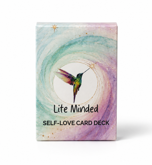 Lite Minded Self-Love affirmation card deck box with watercolor hummingbird art on a white background