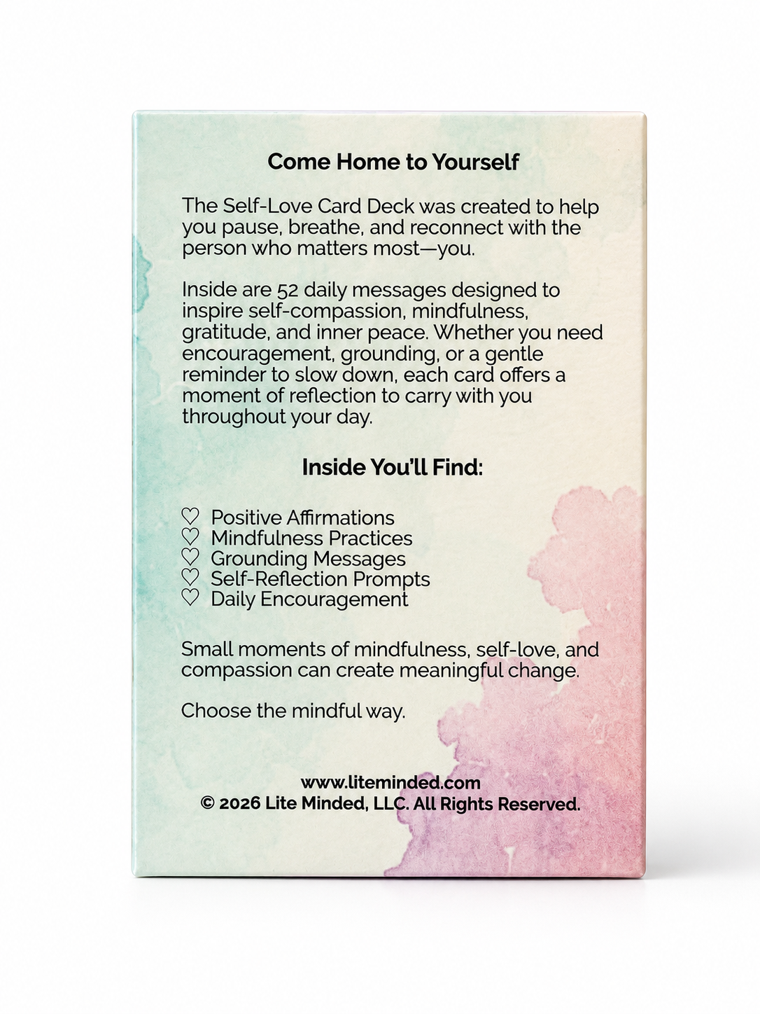 Back of the Self-Love Card Deck box describing 52 daily affirmations, mindfulness, and grounding prompts