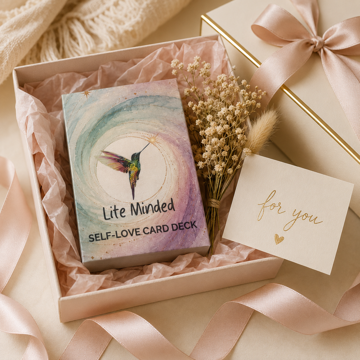 Lite Minded Self-Love affirmation card deck presented as a gift inside an open gift box